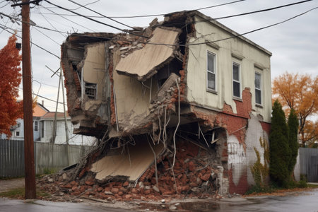 cracked building foundation after collapse, created with generative aiの素材