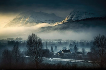 foggy morning, with view of the mountain range visible through the mist, created with generative aiの素材