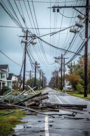 broken power lines and poles after hurricanes wrath, created with generative aiの素材