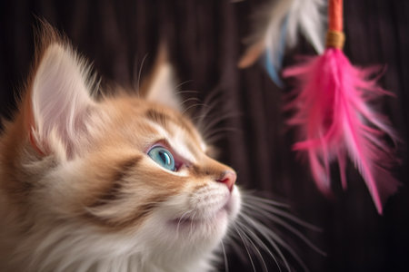 feather toy dangling above curious kittens head, created with generative aiの素材
