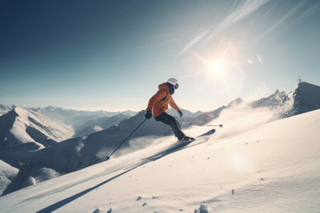 close-up of skier gliding down snowy slope, with view of the mountain range in the background, created with generative aiの素材