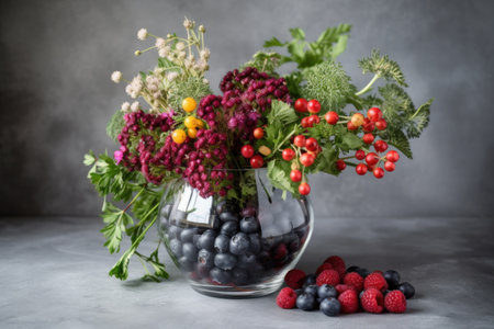 a mix of fresh berries and herbs in a contemporary vase, created with generative aiの素材