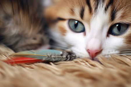 feather toy resting on kittens nose, eyes crossed, created with generative aiの素材