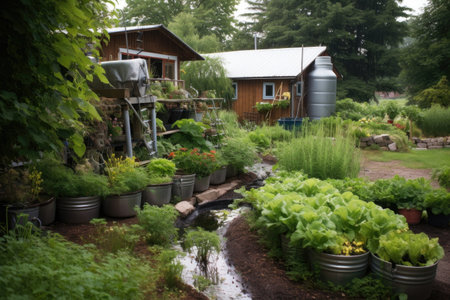 rainwater collection system at an organic farm, created with generative aiの素材