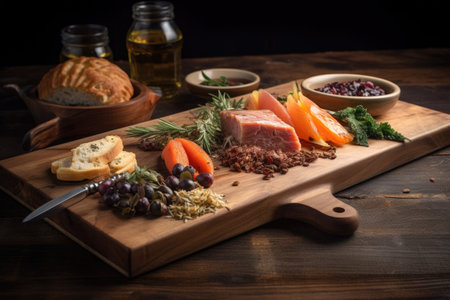 artisanal food presentation with rustic wooden board and knife, created with generative aiの素材