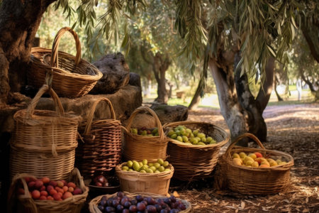 harvested olives in rustic wooden baskets under trees, created with generative aiの素材