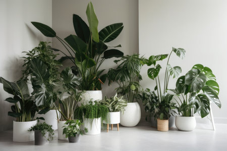 a selection of indoor plants and greenery in a modern, minimalist setting, created with generative aiの素材