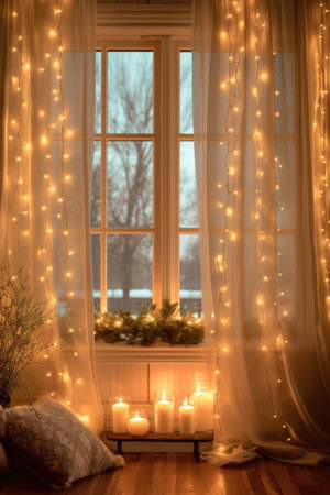glowing string lights creating a warm holiday ambiance, created with generative aiの素材