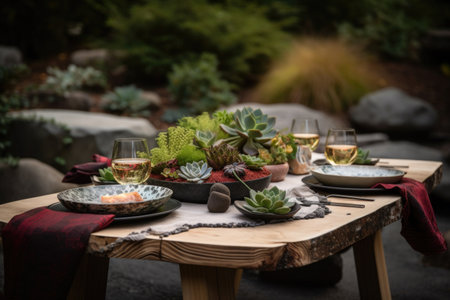 outdoor table setting with succulent centerpiece and natural stone plates, created with generative aiの素材