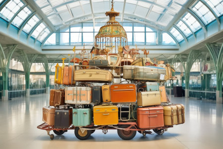 airport trolley loaded with suitcases near carousel, created with generative aiの素材
