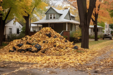 piles of leaves and debris collected in park corners, created with generative aiの素材