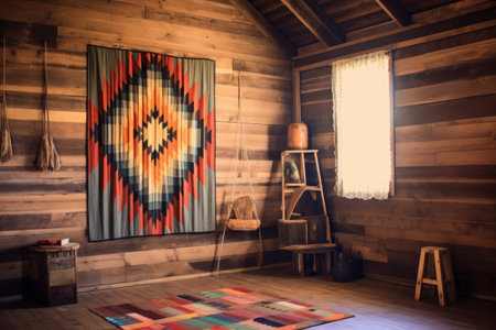 navajo rug hanging on a rustic wooden wall, created with generative aiの素材