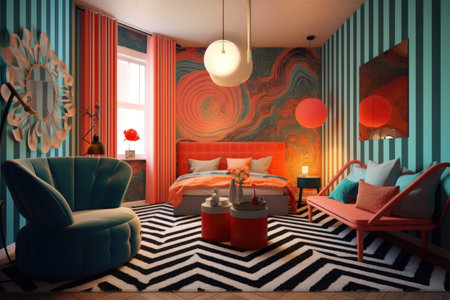 3d-rendered room with contrasting colors and patterns, created with generative aiの素材