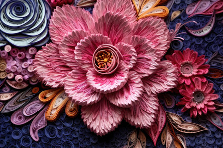 close-up of intricate quilled flower artwork, created with generative aiの素材