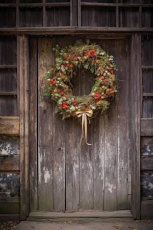 christmas wreath hanging on a rustic wooden door, created with generative aiの素材