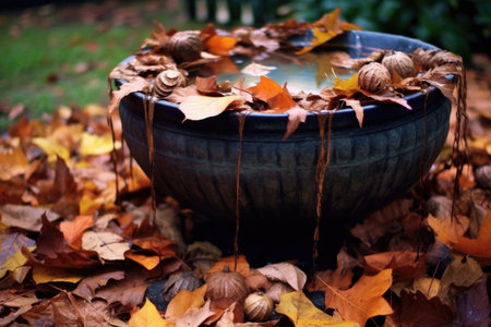 fallen leaves caught in a garden water fountain, created with generative aiの素材