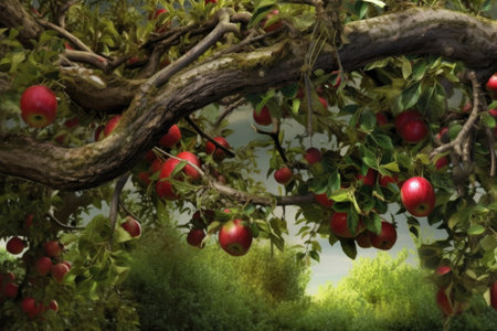 apple tree branches bending under the weight of fruit, created with generative aiの素材