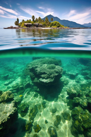 crystal clear waters surrounding a remote island, created with generative aiの素材