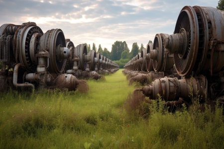 rows of old jet engines in an open field, created with generative aiの素材