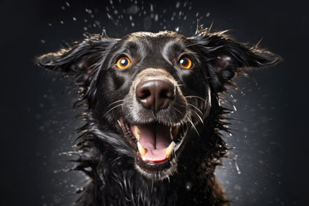 wet dog shaking in slow motion, capturing water droplets, created with generative aiの素材
