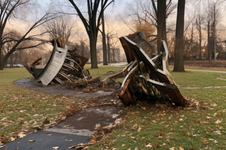 damaged and twisted park signage post-storm, created with generative aiの素材
