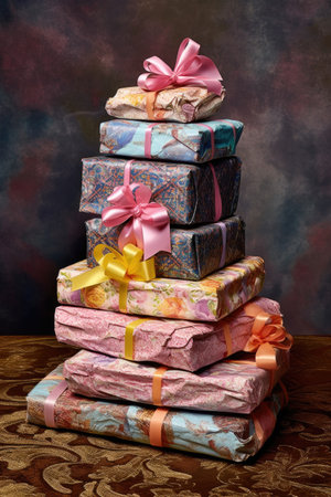 stack of wrapped birthday gifts with ribbons, created with generative aiの素材