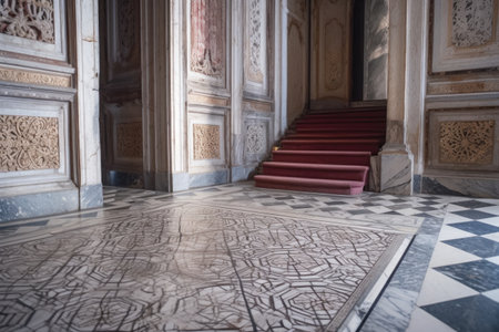 view of intricate marble pattern on floor, with a staircase in the background, created with generative aiの素材