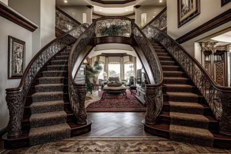 majestic staircase with intricate ironwork railing and plush carpeting, created with generative aiの素材