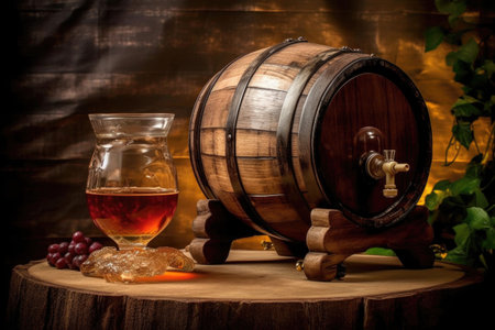 whiskey barrel with a glass filled beside it, created with generative aiの素材