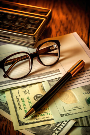 checkbook, pen, and glasses on a financial document, created with generative aiの素材