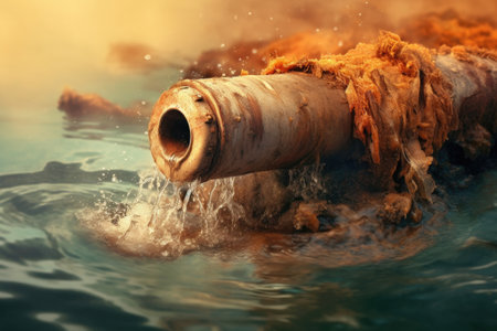 rusty old pipe breaking with water leaking, created with generative aiの素材