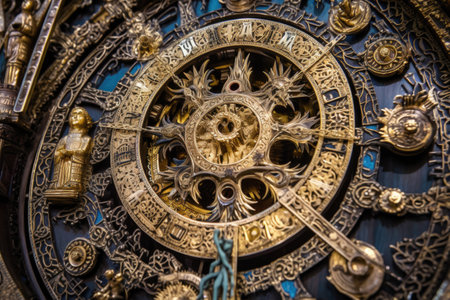 close-up of intricate gears inside astronomical clock, created with generative aiの素材