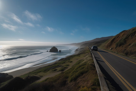 a road trip on the coast, with views of the ocean and waves rolling in, created with generative aiの素材