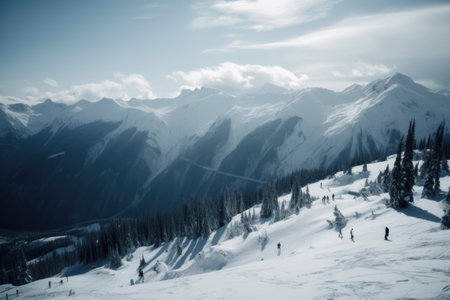 snowy mountain range, with skiers and snowboarders enjoying the winter landscape, created with generative aiの素材