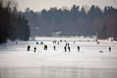 winter sports (skating, sledding, snowshoeing) on a frozen lake, created with generative aiの素材