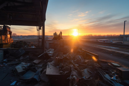 construction site with view of the sunrise, machines and debris in the foreground, created with generative aiの素材