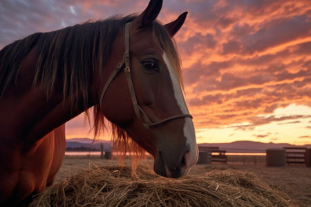 horse eating hay with sunset in background, created with generative aiの素材