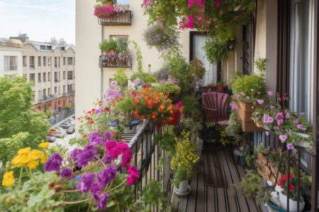 balcony garden filled with lush greenery and colorful flowers, created with generative aiの素材