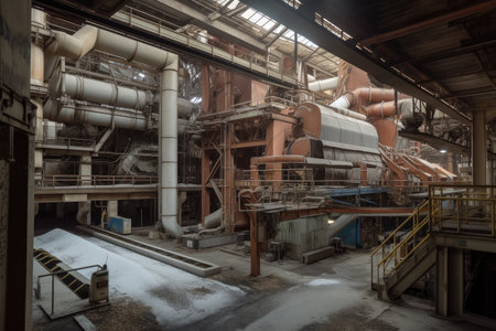 pulp and paper mill, with massive machines processing raw materials and producing finished products, created with generative aiの素材