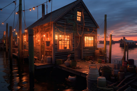 fishing trawlers cabin lights glowing against the dusk backdrop, created with generative aiの素材