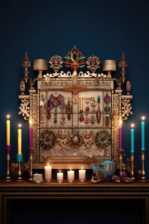 hanukkah menorah with lit candles and traditional symbols, created with generative aiの素材