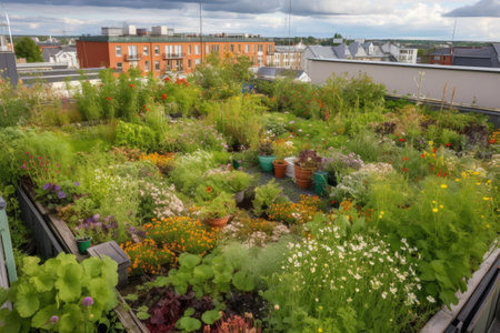 green rooftop garden, with blooming plants and butterflies, created with generative aiの素材