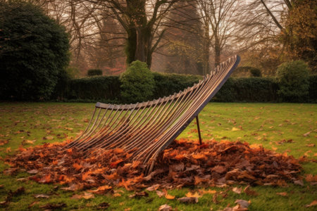 rake resting on a lawn covered with fallen leaves, created with generative aiの素材