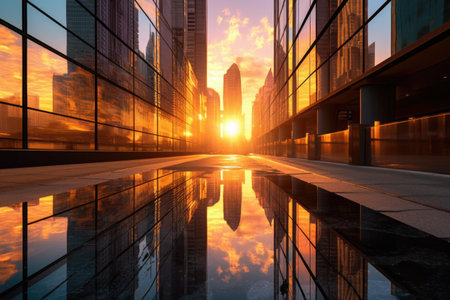 sunrise reflecting off glass skyscrapers in city, created with generative aiの素材
