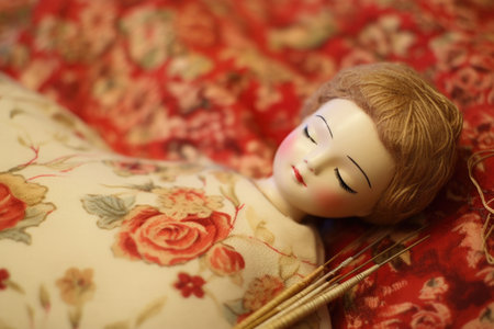 close-up of needle and thread on fabric for doll making, created with generative aiの素材