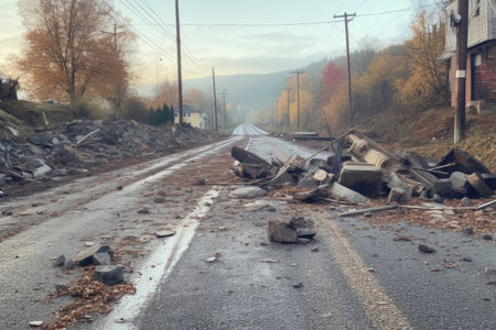 debris and rocks scattered on damaged road, created with generative aiの素材