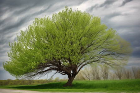 a tree with sprouting leaves blowing in the wind, created with generative aiの素材