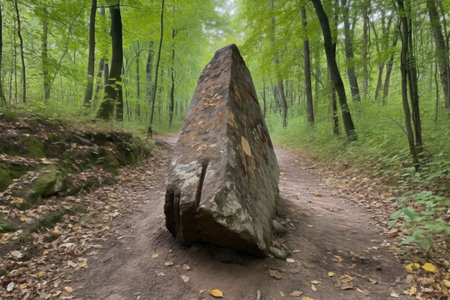 trail marker in the shape of a rock with arrows pointing each way, created with generative aiの素材