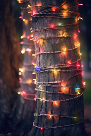 soft focus of christmas light strings wrapped around a tree trunk, created with generative aiの素材