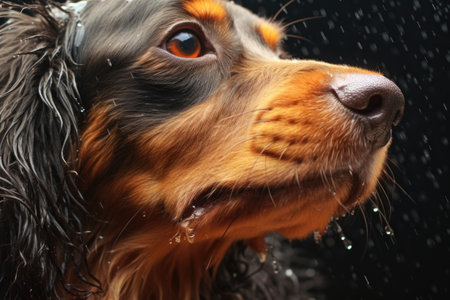 close-up of water droplets flying off a wet dogs fur, created with generative aiの素材